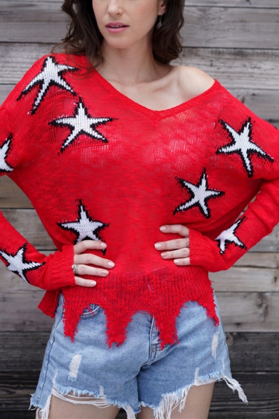 Womens Stylish Red Casual Stars Pattern V Neck Long Sleeve Ripped Hem Slim Fit Pullover Sweater