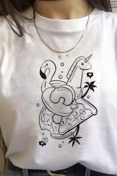

Womens Summer Cartoon Swan Unicorn Pattern Short Sleeves Loose Fit White Cute Tee Top, LC568787