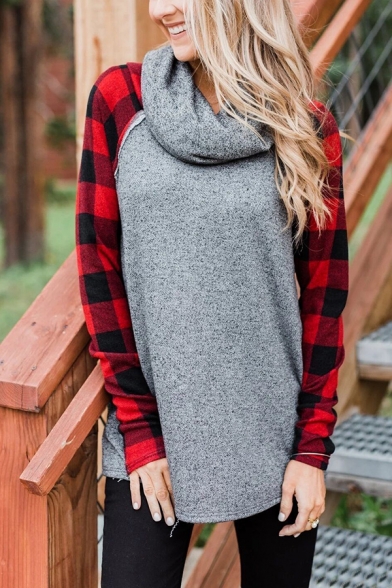Womens Unique Cowl Neck Red Check Patched Long Sleeve Loose Fit Gray Pullover Sweatshirt