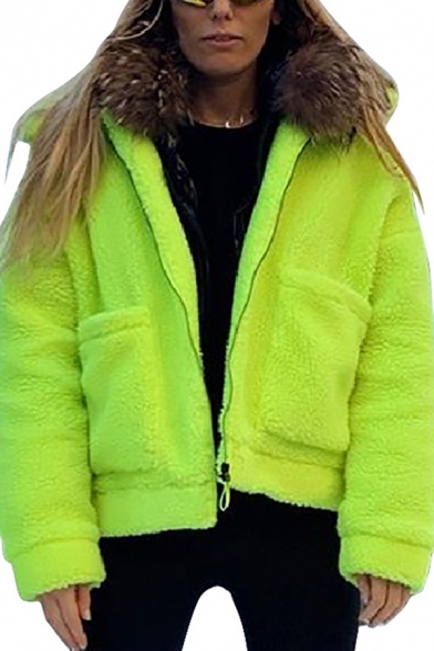 Chic Fluorescent Green Solid Color Long Sleeve Big Pocket Zip Up Lamb Wool Overcoat Jacket