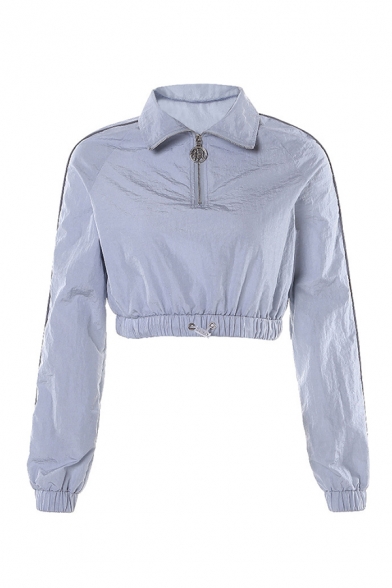 Cool Lapel Collar Reflective Stripe Long Sleeve Half Zip Gray Casual Crop Sweatshirt