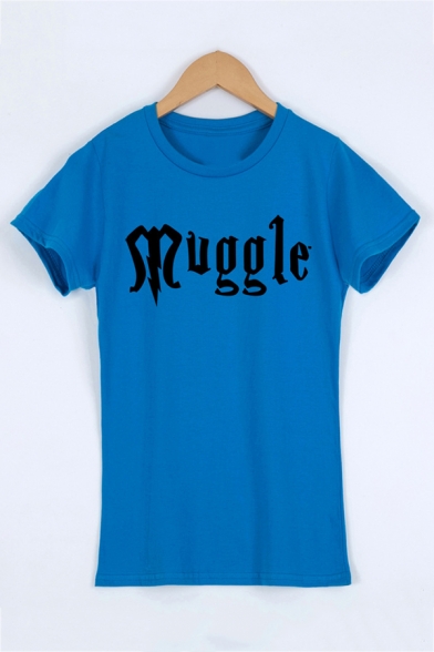 Cute Letter MUGGLE Printed Short Sleeve Round Neck Slim Fit  Casual Tee Top for Women