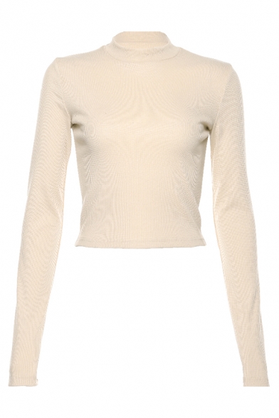 Ladies Sexy Solid Color Mock Neck Long Sleeve Ribbed Knit Cropped Pullover Sweater Top