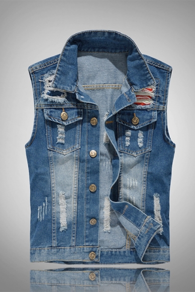 Men's Blue Lapel Sleeveless Button Down Ripped Destroyed Casual Jean Vest Waistcoat