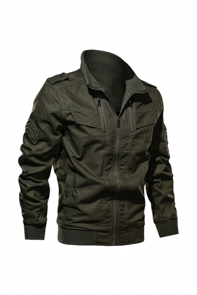 Men's Casual Long Sleeve Lapel Collar Zip Up Cotton Outdoor Military Jacket with Epaulets