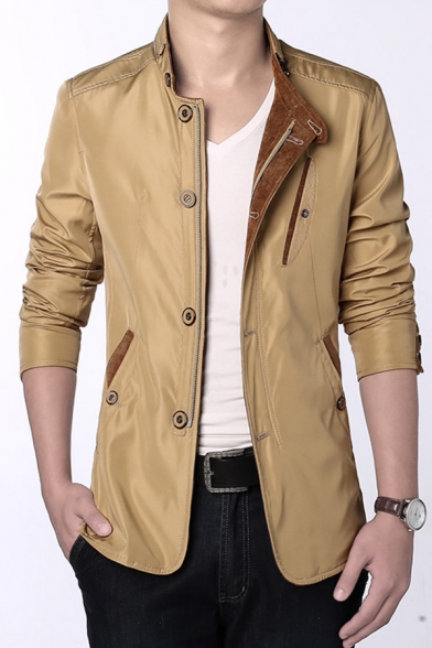 Mens Chic Plain Stand Collar Button Embellished Zip Closure Long Sleeve Slim Fit Short Blazer Jacket with Pocket