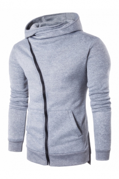 Mens Fashion Solid Color Oblique Zipper Long Sleeve Simple Pullover Hoodie with Pocket