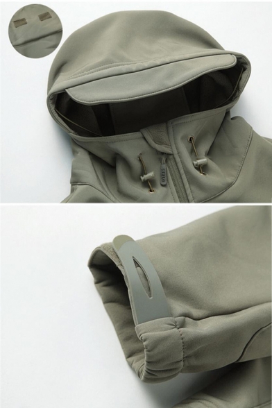 Mens Fashionable Plain Green Long Sleeve Zip Placket Waterproof Windbreaker Jacket with Hood