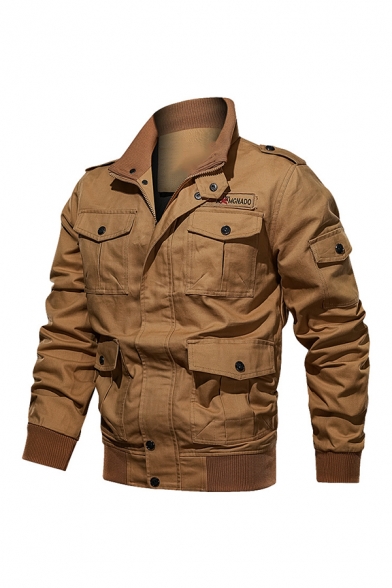 Mens Popular Lapel Collar Long Sleeve Multi-Pocket Zipper Front Solid Workwear Military Jacket