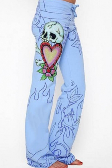 New Arrival Skull Floral Printed High Waist Straight Pants