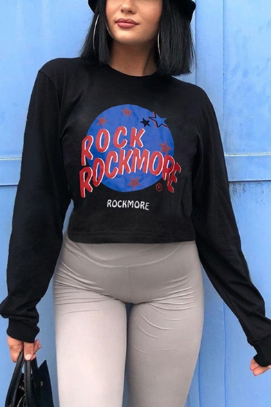 New Trendy Letter ROCKMORE Printed Long Sleeve Black Cropped Graphic Pullover Sweatshirt
