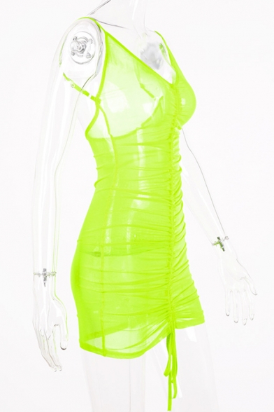 New Trendy Womens Plain V-Neck Sleeveless Ruched Drawstring Front Sheer Gauze Mini Slip Dress
