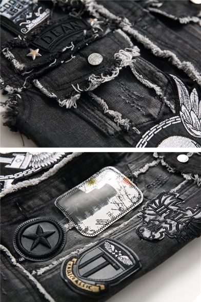 Punk Style Black LIVE TO RIDE Letter Skull Printed Sleeveless Raw Edges Ripped Slim Fit Denim Jacket Vest