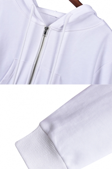 Simple Plain White Long Sleeve Zip Up Slim Fit Cropped Hoodie with Pocket