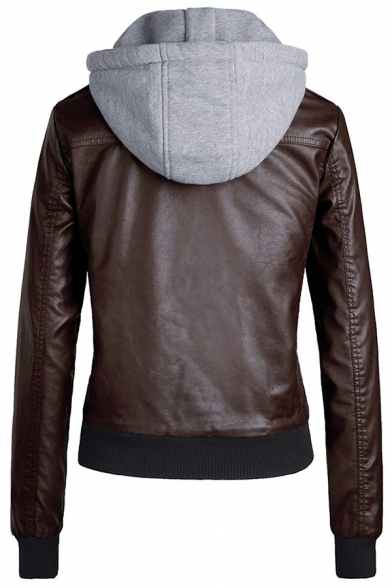 Stylish Plain Long Sleeve Contrast Drawstring Hood Zip Up Slim Thick PU Jacket with Flap Pocket