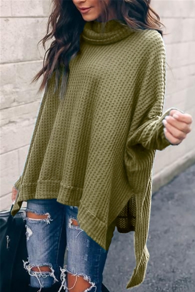 Winter Fashion Turtle Neck Long Sleeve High Low Hem Side Split Basic Plain Pullover Sweater