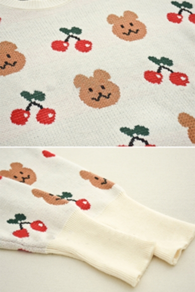 Winter Lovely Cherry Bear Cartoon Printed Long Sleeve Round Neck Baggy Knitted Pullover Sweater for Girls