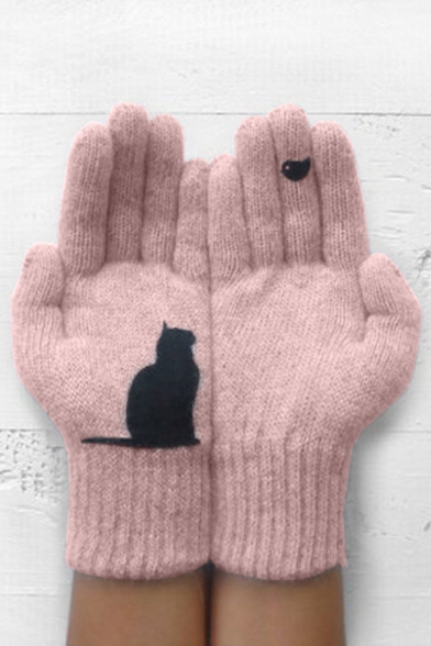 Winter Popular Cute Cat Bird Printed Warm Knit Gloves