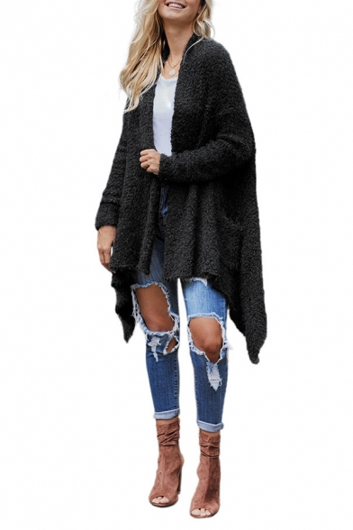 Womens Basic Plain Long Sleeve Asymmetric Hem Tunic Thick Popcorn Cardigan Coat