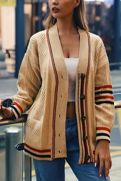 Womens Casual Color Block Stripe Long Sleeve Single Breasted Oversized Cable Knit Apricot Cardigan Coat