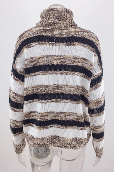 Womens Casual Streetwear Striped Printed Long Sleeve Turtle Neck Loose Pullover Sweater