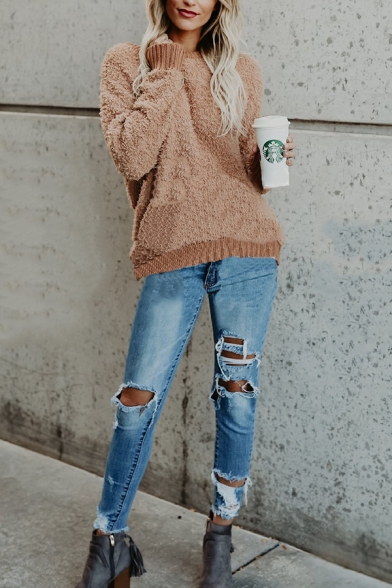 Womens Chic Plain Khaki Long Sleeve Round Neck Tunic Popcorn Sweater