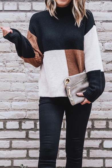 Womens Classic Color Block Patchwork Long Sleeve Chunky Knitted Pullover Sweater