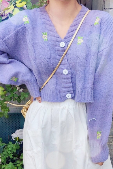 Womens Elegant Purple Floral Printed Long Sleeve Crop Loose Knitwear Cardigan Two Piece Set