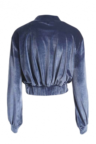 Womens Elegant Solid Color High Collar Long Sleeve Velvet Cropped Sweatshirt
