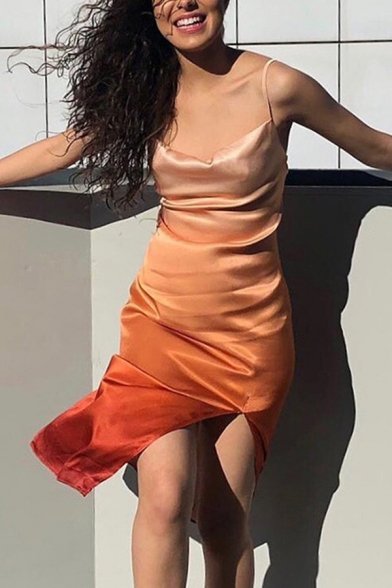 Womens Fashion Orange Ombre Spaghetti Strap Side Split Midi Cami Dress
