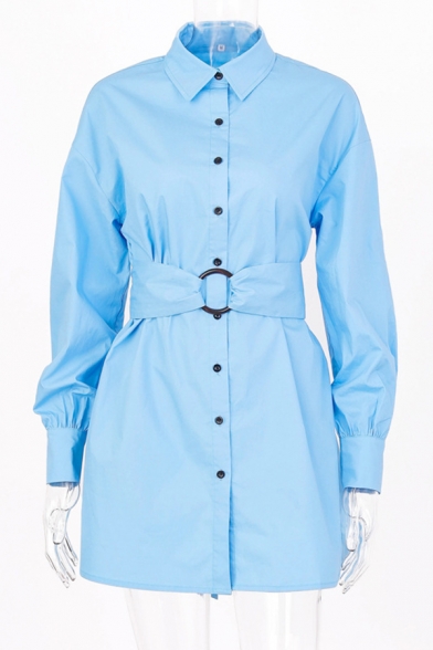 Womens Fashion Plain Long Sleeve Lapel Collar Button Down Belted Casual Mini Shirt Dress