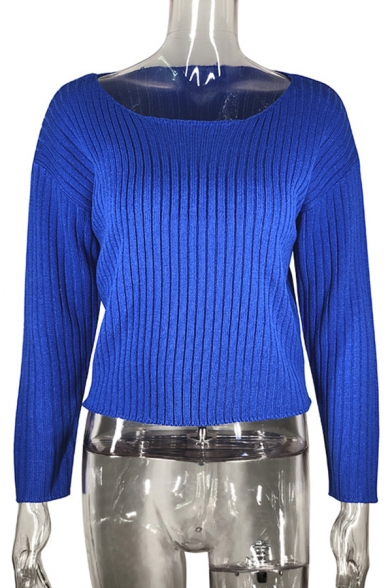 Womens Fashionable Royal Blue Round Neck Long Sleeve Short Ribbed Knit Pullover Sweater