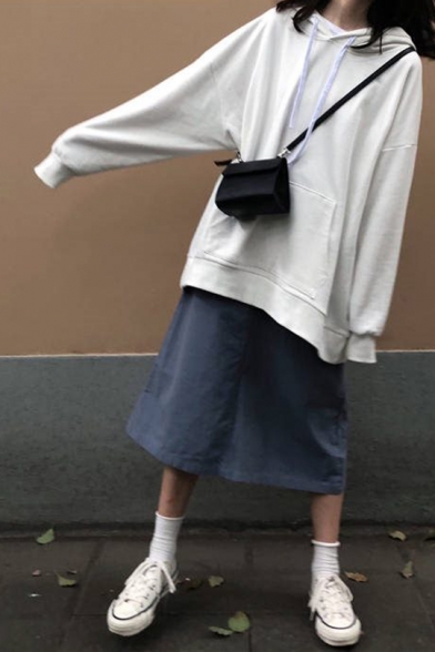 Womens Korean Stylish Plain Long Sleeve Oversized Longline Drawstring Hoodie
