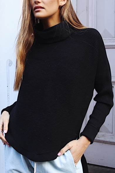 Womens Leisure Plain Cowl Neck Long Sleeve High Low Arc Hem Textured Knitted Pullover Sweater