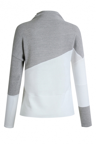 Womens Regular High Collar Long Sleeve Grey and White Panel Casual Pullover Sweater Top