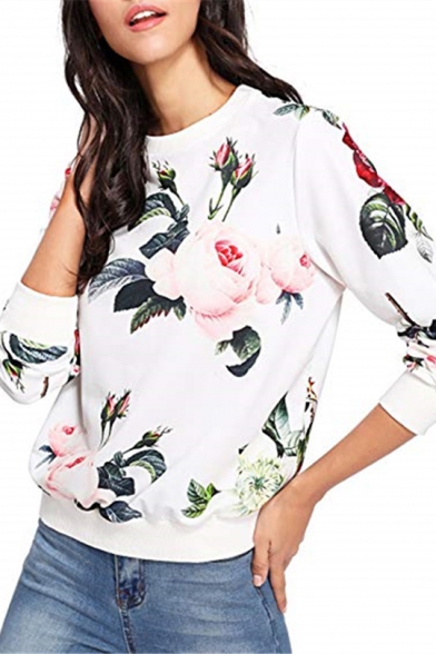 Womens Regular Round Neck Long Sleeve Floral Print Fashionable Pullover Sweatshirt