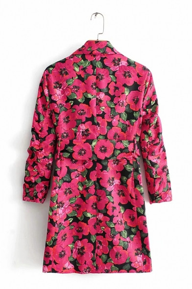 Womens Retro Allover Floral Pattern Long Sleeve Rose Red Longline Blazer Dress with Belt