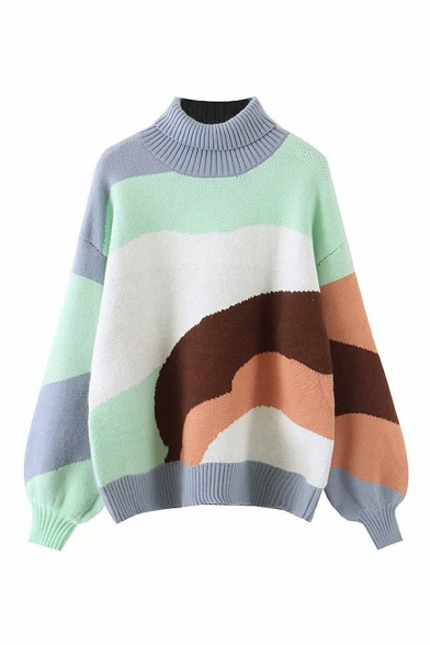 Womens Simple Color Blocked Roll Neck Lantern Long Sleeve Oversized Casual Pullover Sweater
