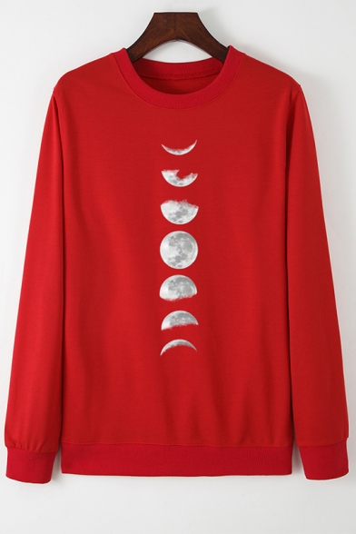 Womens Simple Moon Phase Pattern Long Sleeve Crewneck Casual Loose Sweatshirt