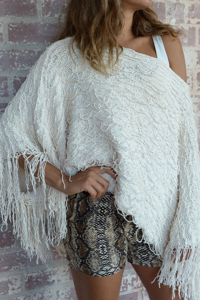 Womens Stylish Plain White Collared Tassel Decoration Loop Poncho Sweater