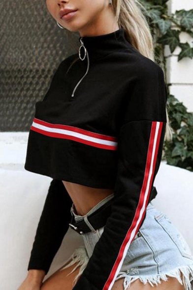 Womens Stylish Stripe Tape Patchwork Long Sleeve Half Zip Stand Collar Loose Cropped Sweatshirt