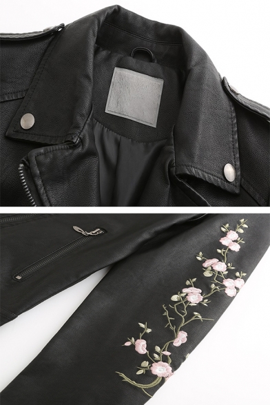 Chic Floral Embroidery Printed Buttoned Epaulet Design Long Sleeve Inclined Zipper PU Leather Black Loose Motor Jacket