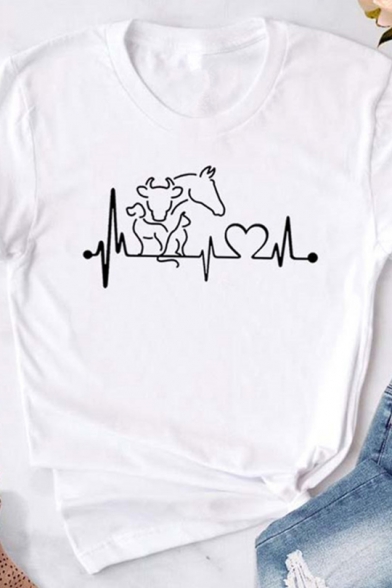 Cute Cartoon Animal Heartbeat Printed Short Sleeve Crew Neck Regular T-Shirt Top
