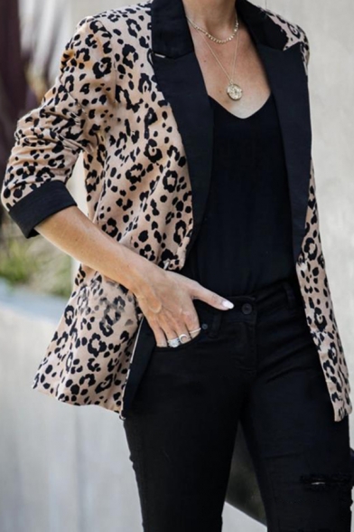 Fashionable Contrast Lapel Collar Leopard Pattern Long Sleeve Double Button Loose Fit Casual Blazer Coat