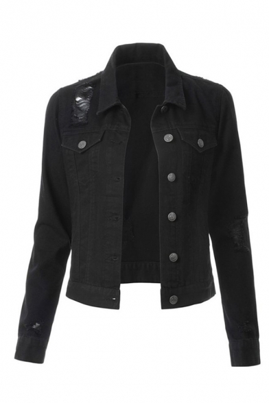 Fashionable Plain Ripped Long Sleeve Denim Short Jacket Coat with Flap Pocket