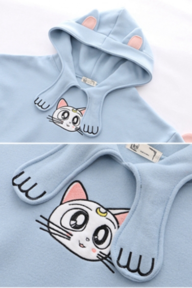 Girls Cute Moon Cat Embroidery Pattern Long Sleeve Oversized Unique Hoodie