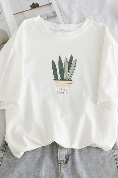 Girls Cute Plant Pattern Letter STILL GROWING Short Sleeve Casual T-Shirt