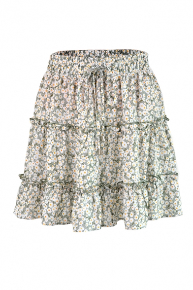 Girls Fashionable Floral Printed Drawstring Waist Ruffle Detail Mini A-Line Casual Skirt