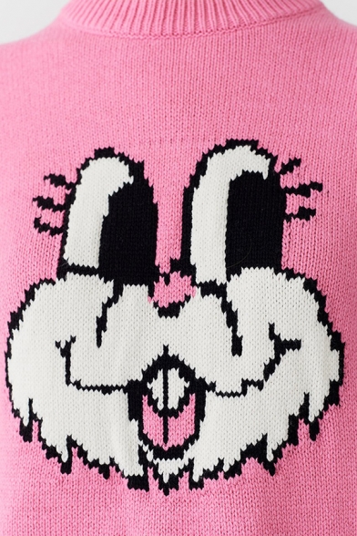 Girls Pink Cute Cartoon Rabbit Printed Long Sleeve Side Split Loose Fit Pullover Sweater