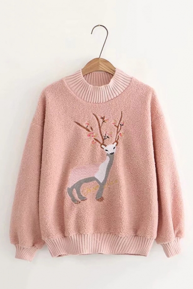Girls Popular Cute Deer Embroidery Round Neck Long Sleeve Warm Pullover Sweater Sweatshirt